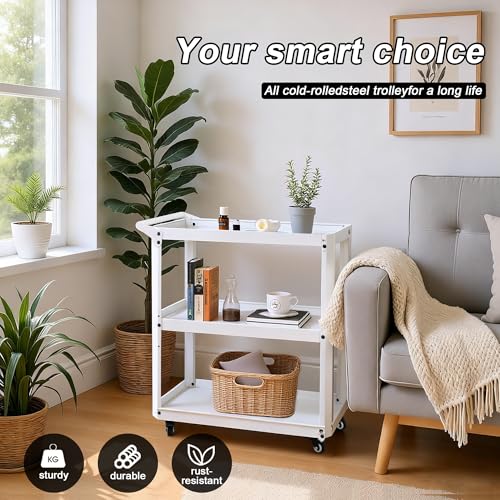 3 Tier Metal Utility Rolling Cart with Wheels, Heavy Duty Storage Organizer Trolley Cart for Kitchen, Bathroom, Office, Bedroom – Multi-Purpose 330Lbs Capacity Utility Cart on Wheels, White - color: White