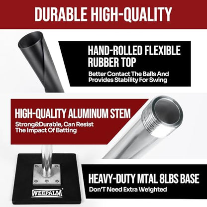 Batting Tee for Baseball/Softball, Premium Hitting Tee with Handrolled Rubber Top,Aluminum Stem,Metal Base,Easy Setup Baseball Tee Height Adjustable 24-46 inch for Kids and Adults