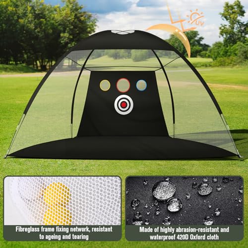 10x7Ft Golf Practice Net, Golf Net for Backyard Driving Real GolfBalls, All in 1 Golf Hitting Nets with Tri-Turf Mat, Impact Target, 10 Balls, 7 Tees, 2 Rubber Tees, Carry Bag