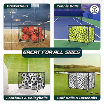 Ball Cart – Rolling Storage, Lockable Lid, Ball Cage for Garage or Gym, Sports Equipment Organizer, Multi Ball Storage, Metallic, Indoor and Outdoor