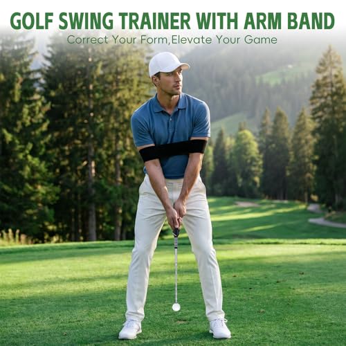 Retractable Golf Swing Trainer & Grip Trainer – Swing Click Feedback Training Aid for Rhythm & Grip Correction(Right Hand), Indoor & Outdoor Practice Trainer with Arm Band for Arm Alignment