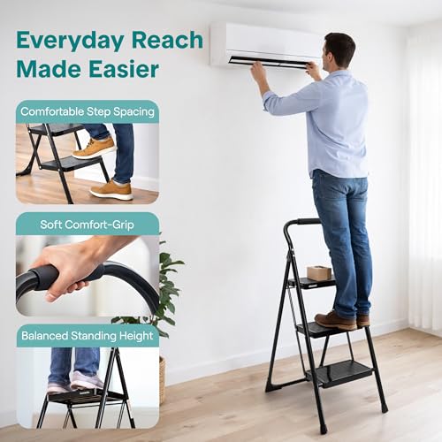 SereneLife 3-Step Ladder, Folding Step Stool for Adults, Wide Anti-Slip Pedal and Handrail, Sturdy Steel Build, 570 lbs Capacity, Portable Step Stool Ladder for Home and Office Use (Black) - size: 3 Step