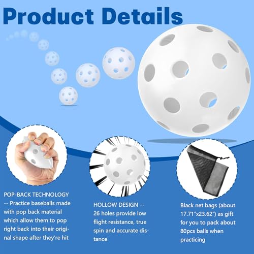 Coopay 24/80 Pack Practice Baseball SoftBalls Plastic Training Balls Lightweight Hollow Balls with a Drawstring Bag for Hitting, Baseball Training Indoor Outdoor Use - color: White, style: 80 Pack