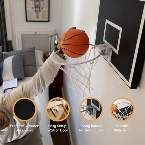 CALIKIWIPROS Mini Basketball Hoop Set Pro League Decorative Solid Wood Wall Mount, Includes 9’ Hoop & 5 mini Basketballs, Classic Look with Colors Matching Some pro Teams. - style: Pro Jr Black white