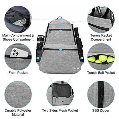 Tennis Bag Professional Tennis Backpack for Men and Women Racket Bags Holds 2 Rackets with Ventilated Shoe Compartment - color: Gray
