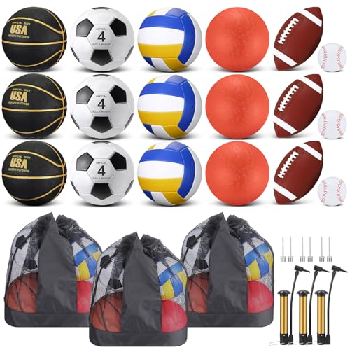 Leyndo 18 Pcs Sports Ball Set for Kids, Official Size Basketball Football Soccer Ball Playground Volleyball Baseball Outdoor Sport Equipment Bag and Pump Back to School Gift - color: Black, Gold