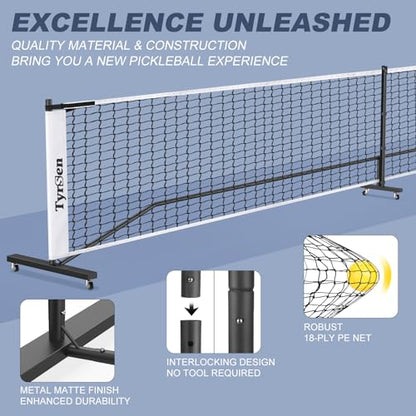 Portable Pickleball Net System on Wheels, 22FT Strong PE Net, Metal Frame, 1 Carry Bag, Driveway & Backyard