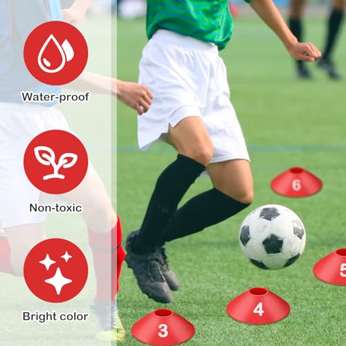 10 Pcs Numbered Sports Disc Cones 1-10 Soccer Cones with Mesh Carry Bag Flexible Agility Cones Soft Field Cones for Gym PE Classes School Activities Games, Sports Training Equipment - color: Red