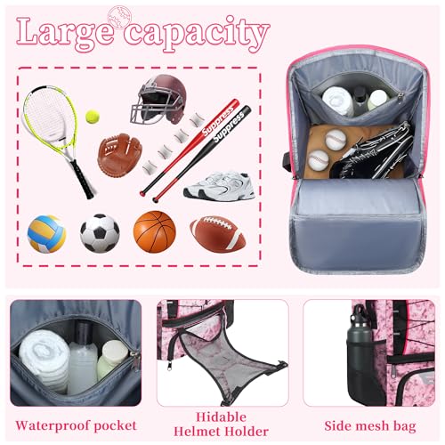 VBK Softball Bag for Girls,Kids Baseball Bag,Baseball Backpack for Boys,Tball Bag,Softball Equipment with Shoes and Ball Compartment - color: Pink