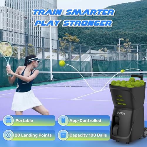 PUSUN｜PT-Smart Tennis Ball Machine: App Control with 12 Built-in Training Modes,6-Level Spin,28-Pt,75 MPH,32.6 lbs,100+ Ball,5H Battery, Portable, for Tennis/Padel,Training, Practice,Beginners to Pros - color: White