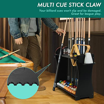 XCSOURCE Pool Stick Holder Floor Stand, 2-IN-1 Pool Cue Rack & Ping Pong Paddle Holder, 100% Solid Wood Holds 9 Cues Full Set of Balls, Billiards and Table Tennis Accessories for Man Cave, Game Room