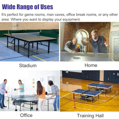Sports Ball Organizer Holder Shelf Mobile Pingpong Balls & Racket Rack, Sturdy Table Tennis Equipment Storage Stand for Training Hall/Game Room/Garage Display, Save Space