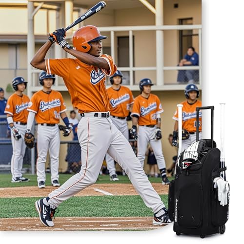 KAVIGOR Rolling Baseball Bag with Wheels, 60L Capacity Softball Bag Holds 4 Bats for Boys and Girls, Youth Equipment Bag with Shoe Compartment - color: Black