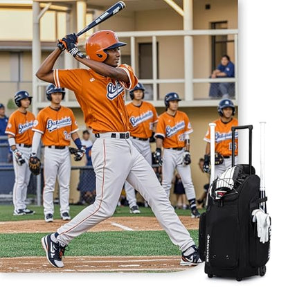 KAVIGOR Rolling Baseball Bag with Wheels, 60L Capacity Softball Bag Holds 4 Bats for Boys and Girls, Youth Equipment Bag with Shoe Compartment - color: Black