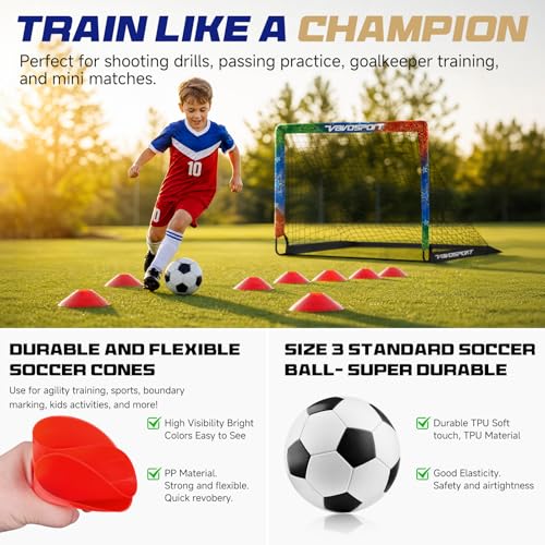 VAVOSPORT Kids Soccer Goals for Backyard Set, 2 Pack Portable Pop Up Soccer Goal with Soccer Net, Size 3 Soccer Ball, Pump, 10 Cones and Carry Bag, Toddler Soccer Training Equipment for Outdoor Games