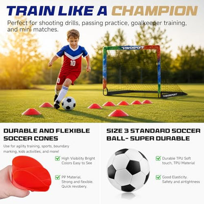 VAVOSPORT Kids Soccer Goals for Backyard Set, 2 Pack Portable Pop Up Soccer Goal with Soccer Net, Size 3 Soccer Ball, Pump, 10 Cones and Carry Bag, Toddler Soccer Training Equipment for Outdoor Games