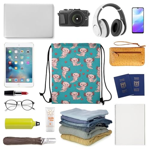 Drawstring Backpack Gym Sackpack Lightweight Waterproof String Bag for Sports Travel Yoga Beach Swimming, Men Women Unisex, Axolotls Hearts And Bubbles Green Bags - color: Picture (361)