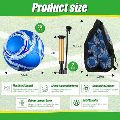 Realspring 18 Pack Soccer Balls Bulk with Pump & Bag, Training Soccer Ball Official Size Deflated Football for Youth Training Outdoor Outside School PE Team Coaches Practice Equipment Kit
