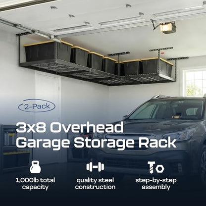 MonsterRax Overhead Garage Storage Racks 3x8’ (2-Pack) Ceiling Mounted Shelving, Adjustable Hanging Organizer, Heavy Duty Steel, Holds 500 Pounds, Color:Hammertone, Adjustable12"-21” from Ceiling