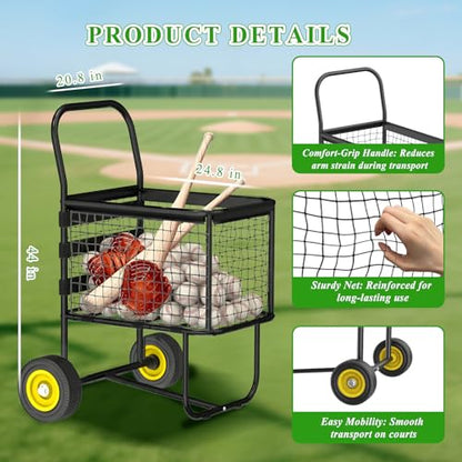 Baseball Cart with Wheels, Holds 300+ Baseballs or 150 Softballs, Heavy-Duty with Steel Frame Baseball & Softball Cart, Portable Ball Cart Storage for Field & Training