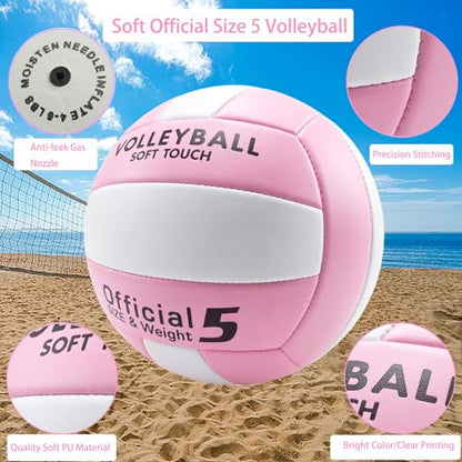 Soft Volleyball Official Size 5 for Indoor Outdoor Beach Sand Play Pool Gym Training, Soft Touch Thicker PU Volleyball with1 Ball Pump & 1 Air Needles for Adult