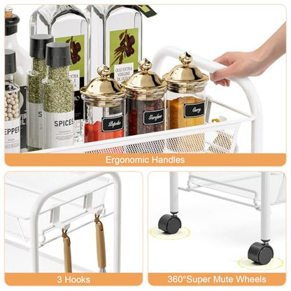 TOOLF 4-Tier Rolling Cart, Metal Utility Cart with 3 Hooks, Easy Assemble Mobile Storage Trolley On Wheels, Metal Shelving Units Kitchen Bathroom Laundry Room - color: White, size: 4-Tier