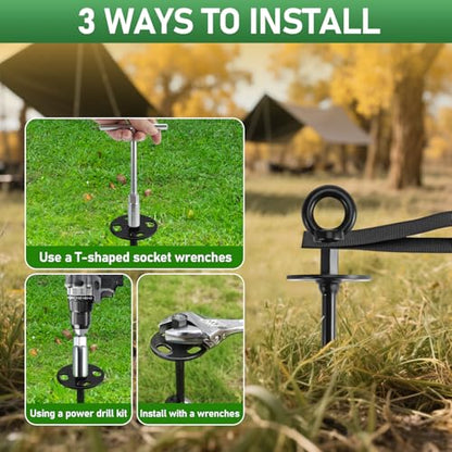 Ground Anchors Screw in - Heavy Duty Trampoline Anchors/Stakes for High Wind, 4 Pack Earth Anchor Kit with Straps and Wrenches for Swing Set, Trampolines, Shed, Mobile Home, Carport, Gazebo