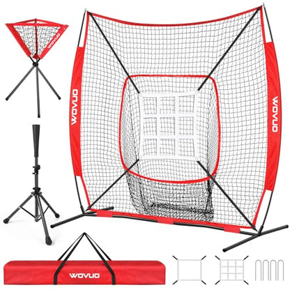 7x7 ft Baseball Net for Batting Pitching Hitting, Softball Pitching Net with Strike Zone, Tee, Ball Caddy, Softball Batting Net Baseball Training Equipment for Kids Adult Youth Sport Practice - color: Red