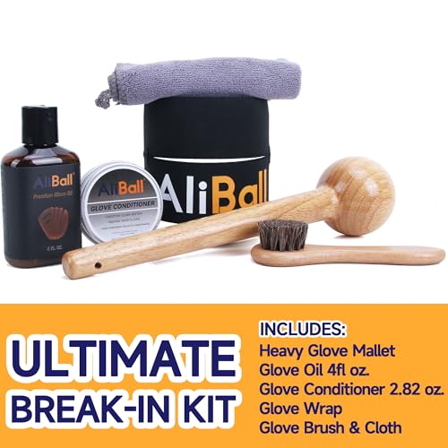 AliBall Baseball Glove Break-in Kit - Complete Set with Glove Mallet, Oil, Conditioner, Wrap, Brush & Cloth - Quickly Soften & Shape Your Baseball/Softball Mitt (Pro Classic)