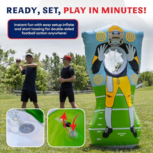 Preferred Toys 65” Inflatable Football Target Net Toss Game - Double-Sided Throwing Practice Football Stuff with Mini Balls - Backyard Tailgate Party Sports Toy for Kids & Adults - color: Yellow/Purple