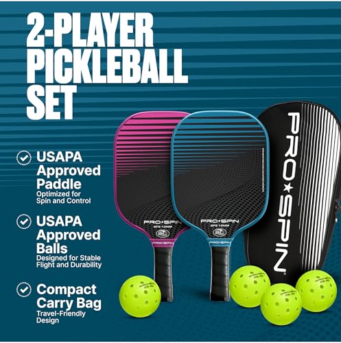 PRO-SPIN Carbon Fiber Pickleball Paddles Set of 2 | Lightweight Pickleball Set with Indoor/Outdoor Balls and Bag – Durable Pickle Ball Paddle Gift for Men, Women & Families - color: 2-Player Set | Blue/Pink