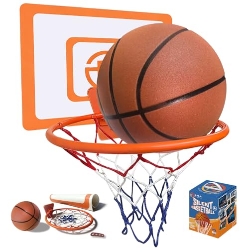 Non-Compress Size 7 (29.5”) Grooved Airless Silent Basketball & Indoor Hoop & Shooting Form Trainer Gift Set - for Indoor Dribbling and Shooting Kit - color: Brown