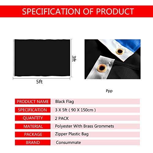 Consummate Solid Black Flag 3x5 Foot Plain Black Flags Banner Polyester with Brass Grommets,2 Pack - color: Black
