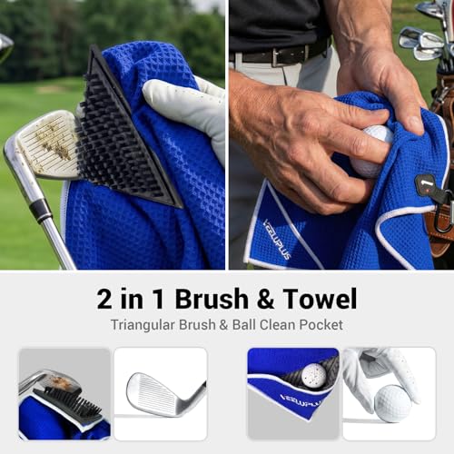 4-in-1 Magnetic Golf Towel with Brush & Cleaning Pocket -Premium Construction Golf Towel- Super Strong Golf Club Cleaner- Microfiber Waffle Design-15.7" X 23.6" Golf Accessories and Gifts for Men - color: Blue