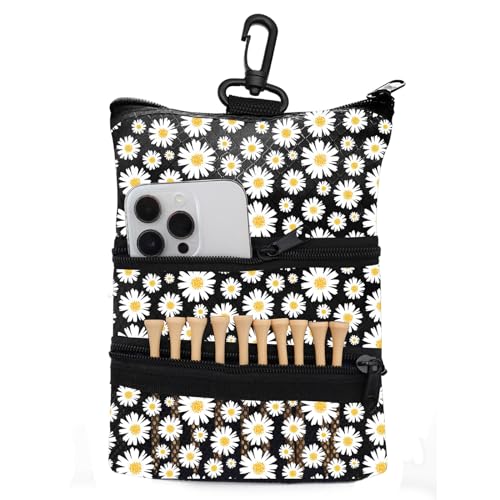 Amy Sport Golf Bag Accessories Valuables Pouch Bags Multi Pocket Zipper Hook with 10 Pcs Wood Golf Tees for Men Women - color: Daisy