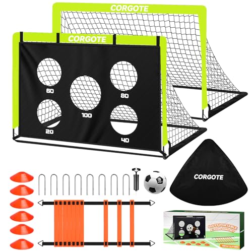 Toddler Soccer Goals for Backyard Set of 2, 4x3ft Portable Pop Up Soccer Net, Kids Soccer Training Equipment with Ball, Cones, Ladder, Scoring Target, 3-14Years Old Birthday Gifts for Boy Girl - color: Green