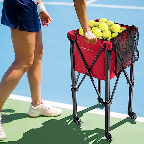 Goplus Foldable Tennis Ball Hopper, Lightweight Aluminum Tennis Ball Basket with Wheels, Removable Bag, Side Pockets, Carry Bag, Portable Sports Teaching Cart Holds 150 Tennis Balls