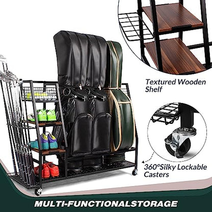 Sttoraboks Golf Bags Storage Garage Organizer, Golf Bag Rack Fits 2/3 Golf Bags and Golf Equipment Accessories, Golf Club Storage Stand with Wooden Shelf and Lockable Wheels for Garage Indoor Basement - style: 3pcs Bag Stand