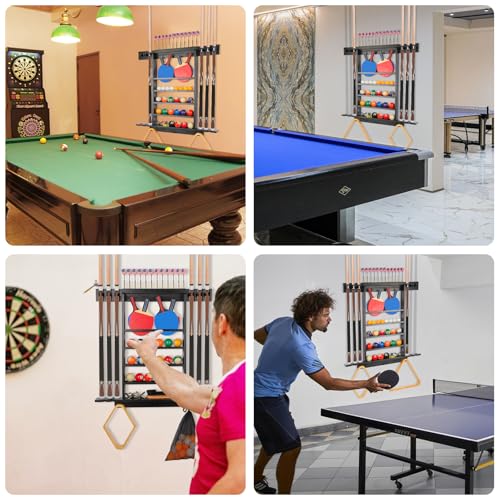 Pool Stick Holder Wall Mount, Pool Cue Rack, Ping Pong Paddle Holder, Dart Holder 3-IN-1,100% Solid Wood Billiard Cue Racks,12 Steel/Soft Tip Darts and Table Tennis Accessories for Man Cave - style: 3-IN-1