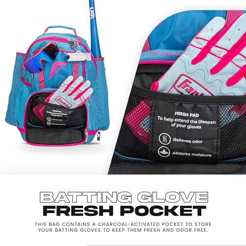 Franklin Sports Gameday Baseball + Fastpitch Softball Backpacks - Adult + Youth Bat Bags for Equipment - Waterproof Batpacks - color: Blue/Pink