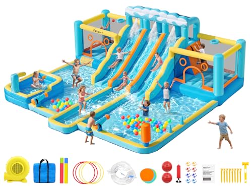 FBSPORT Inflatable Bounce House Water Slide, 3 Slides & 2 Bouncers 10-in-1 Water Slide Park Bounce House with 950W Blower, Bouncy Castle for Kids Backyard Party Outdoor, with Water Gun, Splash Pool