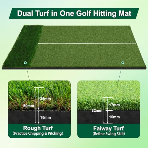 32mm Dual-Turf Golf Mat, 5x4FT Golf Hitting Mat with Standing Guide-Line, Golf Practice Mat for Outdoor & Indoor, Ideal Gifts for Men Dad/Husband/Golfers