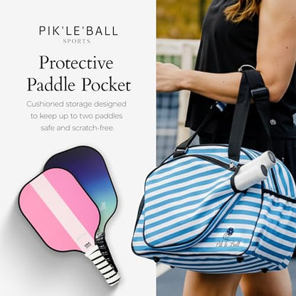 Pik’le’Ball Sport Premium Women's Pickleball Bag – Stylish and Versatile Sports Bag with Water Bottle Holder, Padded Paddle Pocket, and Spacious Design (fits 2+ Paddles!) - color: Stylish Stripe Blue