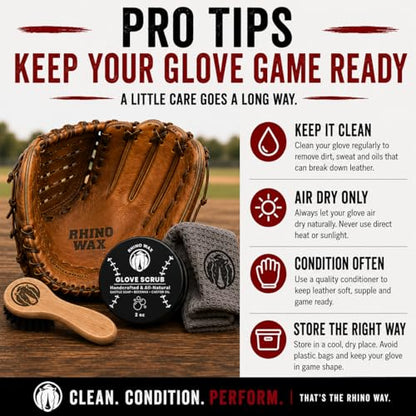 Rhino Wax - Baseball Glove Scrub Kit - Deep Cleans Base Ball or Softball Gloves with Powerful Scrubbing Formula - Kit Includes Scrub, Brush, and Microfiber Cloth in a Convenient Canvas Bag - USA Made - size: Scrub Kit