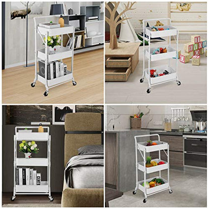 Foldable 3 Tier Metal Utility Rolling Cart, Folding Mobile Multi-Function Storage Trolley Organizer Cart for Home Library Office(White) - color: White