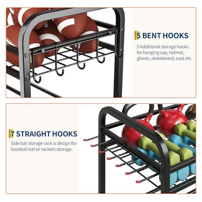 Heavy Duty Rolling Sports Equipment Organizer 4-Tier Ball Storage Rack for Basketball Soccer Football Volleyball with Side Hooks Lockable Casters/Garage Cart Indoor Outdoor Gym Home School Playground
