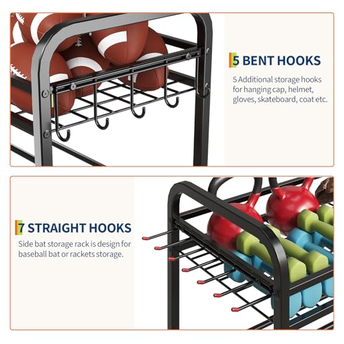 GarveeLife Garage Sports Equipment Organizer - Rolling Ball Storage Bin with Wheels, Garage Sports Gear Rack Outdoor Basketball Racks for Balls with Baseball Bat Holder and Hooks, Toy Organizer