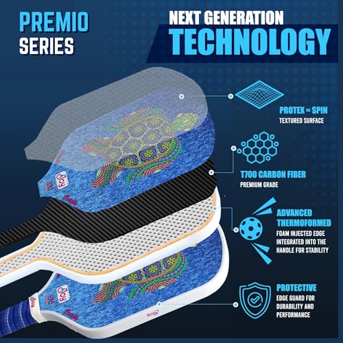 4Joy Pickleball Paddle Premio Series - Thermoformed Premium T700 Carbon Fiber Pickleball Paddless - Professional Pickleball Rackets for Women & Men - 16mm Honeycomb Core - USAP Approved - style: Turtle