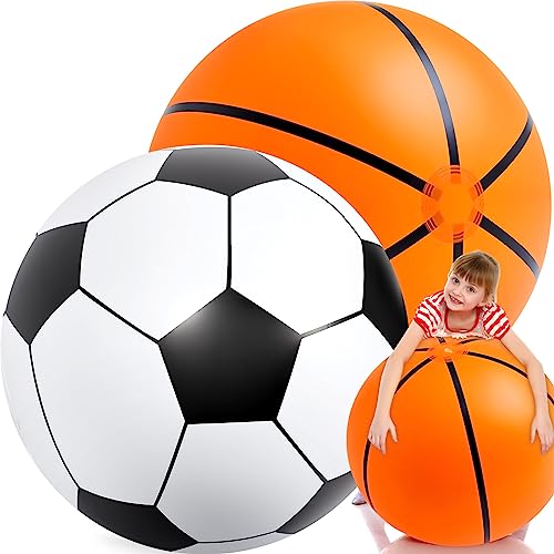 Lewtemi 2 Pcs 27 Inch Giant Inflatable Soccer & Basketball, Large Inflatable Beach Balls Oversized Balloons for Sport Birthday Party Favor Gift Outdoor Pool Supplies - color: Soccer, Basketball, size: 27 Inch