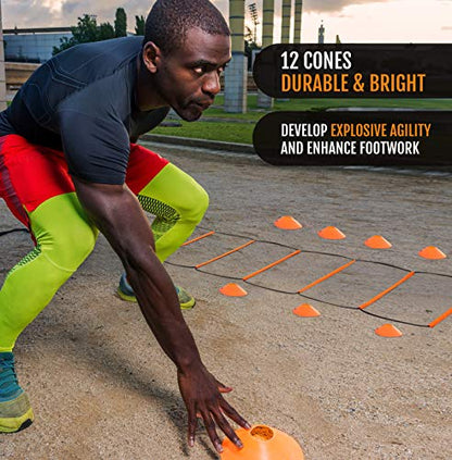 All-in-One Agility Ladder Agility Training Equipment Foldable Instant Set-up Tangle-Free Design 8+4 Rung Speed Ladder Workout Ladder with 12 Soccer Cones & 3 Resistance Band & 1 Storage Bag